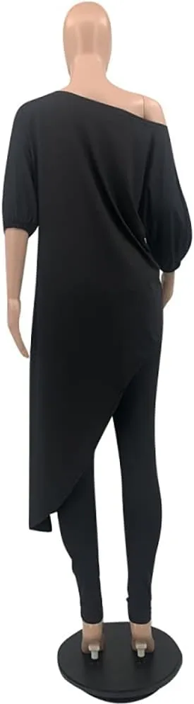 MESLIMA Women's Casual Loose Solid Off Shoulder Irregular Hem Top Elastic Waist Skinny Stretchy Long Pant Jumpsuit
