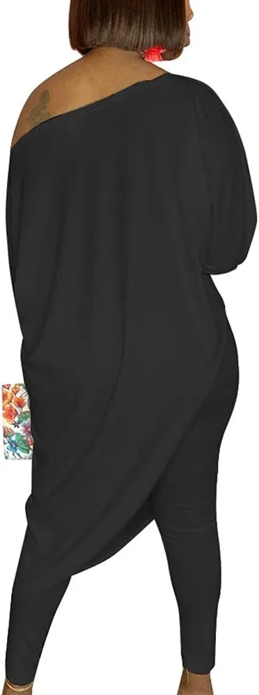 MESLIMA Women's Casual Loose Solid Off Shoulder Irregular Hem Top Elastic Waist Skinny Stretchy Long Pant Jumpsuit