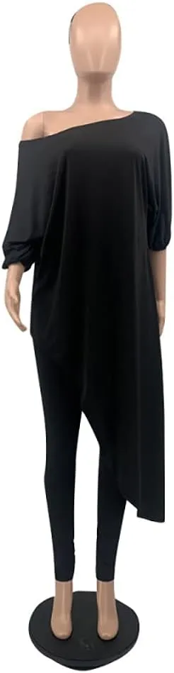 MESLIMA Women's Casual Loose Solid Off Shoulder Irregular Hem Top Elastic Waist Skinny Stretchy Long Pant Jumpsuit