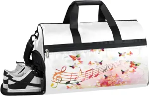Music Notes Butterfly Sports Gym Bag for Women and Men Travel Duffel Bag Overnight Shoulder Bag Waterproof Workout Bag Portable Sports Tote with Shoes Compartment