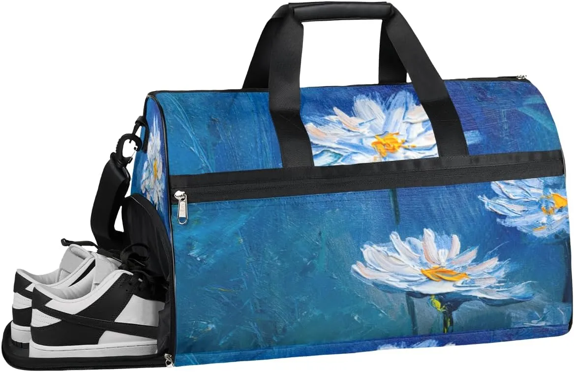 Oil Painting Daisy Flower Resistant Sports Gym Bag for Women Men Travel Duffel bag with Wet Pocket & Shoes Compartment Waterproof Weekender Bag 19.7"x9.9"x13"