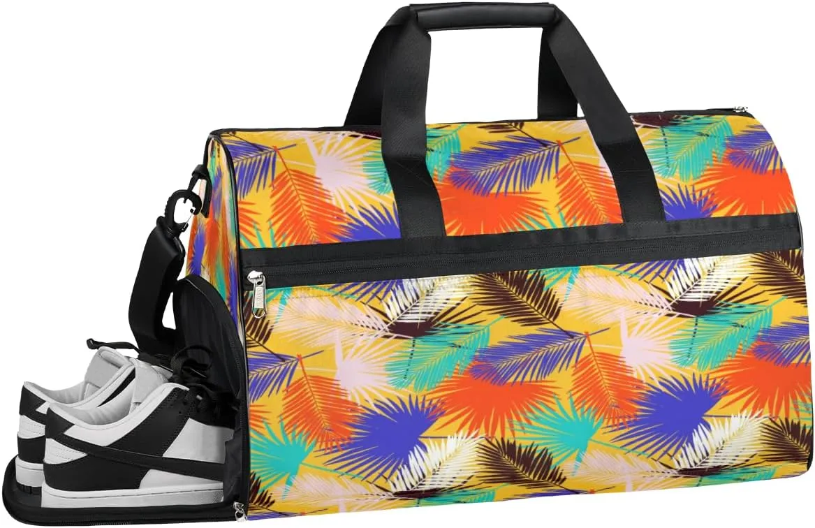 Palm Leaves Bright Sports Gym Bag for Women and Men Travel Duffel Bag Overnight Shoulder Bag Waterproof Workout Bag Portable Sports Tote with Shoes Compartment