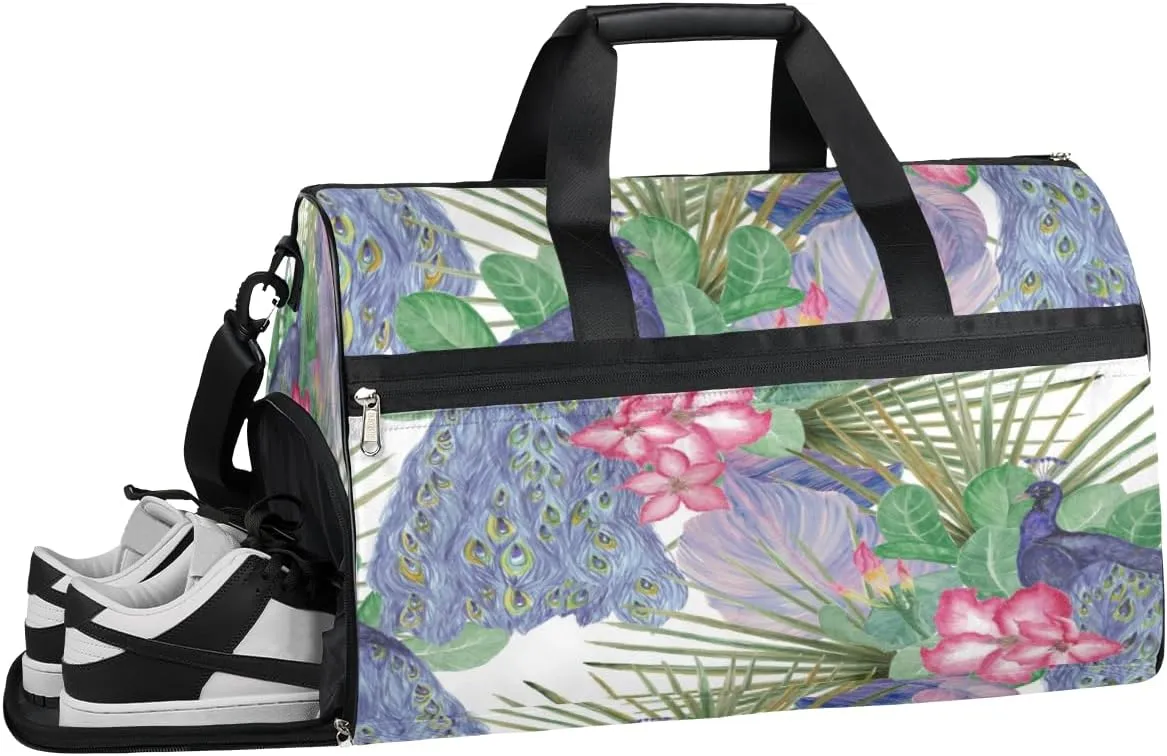 Peacock Print Sports Gym Bag with Wet Pocket & Shoes Compartment Waterproof Workout Duffel Bag for Women and Men Weekender Overnight Duffle Bag Travel Carry-on Tote