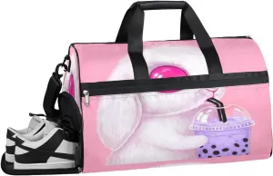 Pink Bunny Bubble Milktea Resistant Sports Gym Bag for Women Men Travel Duffel bag with Wet Pocket & Shoes Compartment Waterproof Weekender Bag 19.7"x9.9"x13"
