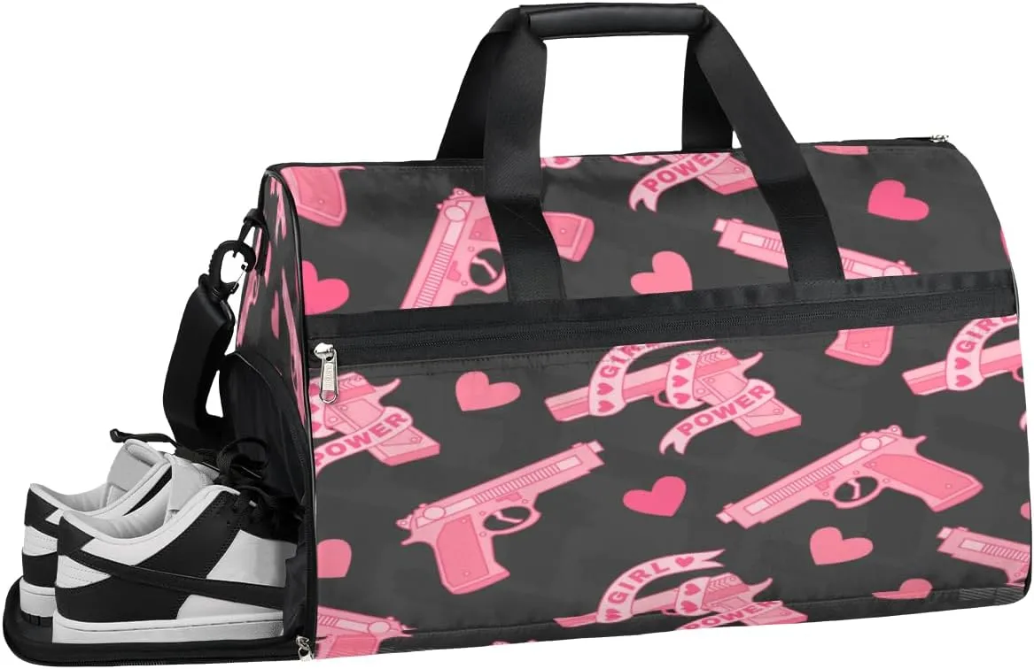 Pink Heart Funny Sports Gym Bag for Women and Men Travel Duffel Bag Overnight Shoulder Bag Waterproof Workout Bag Portable Sports Tote with Shoes Compartment