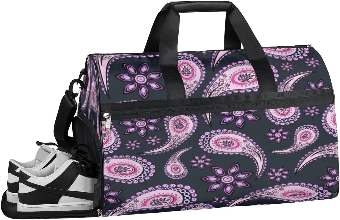 Purple Paisley Sports Gym Bag with Wet Pocket & Shoes Compartment Waterproof Workout Duffel Bag for Women and Men Weekender Overnight Duffle Bag Travel Carry-on Tote