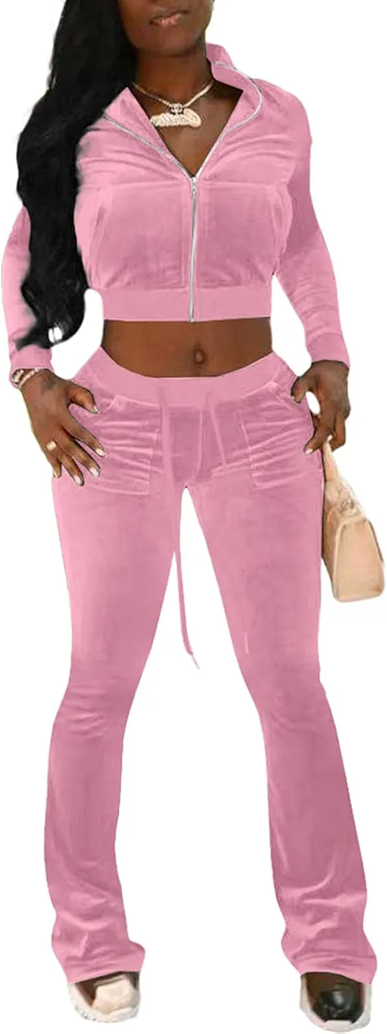 qfmqkpi Two Piece Outfits for Women Crop Top Zip Jacket and Flare Pants Set Velour Tracksuit