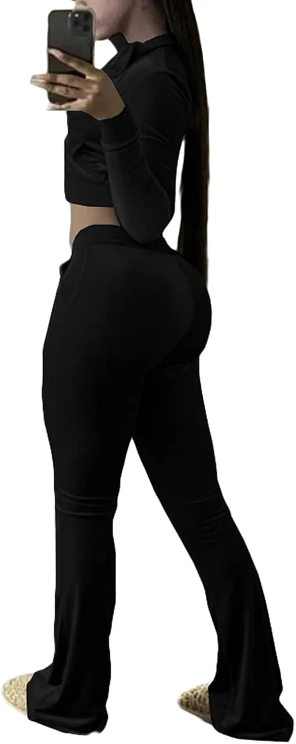 qfmqkpi Two Piece Outfits for Women Crop Top Zip Jacket and Flare Pants Set Velour Tracksuit