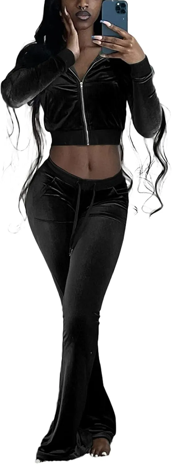 qfmqkpi Two Piece Outfits for Women Crop Top Zip Jacket and Flare Pants Set Velour Tracksuit