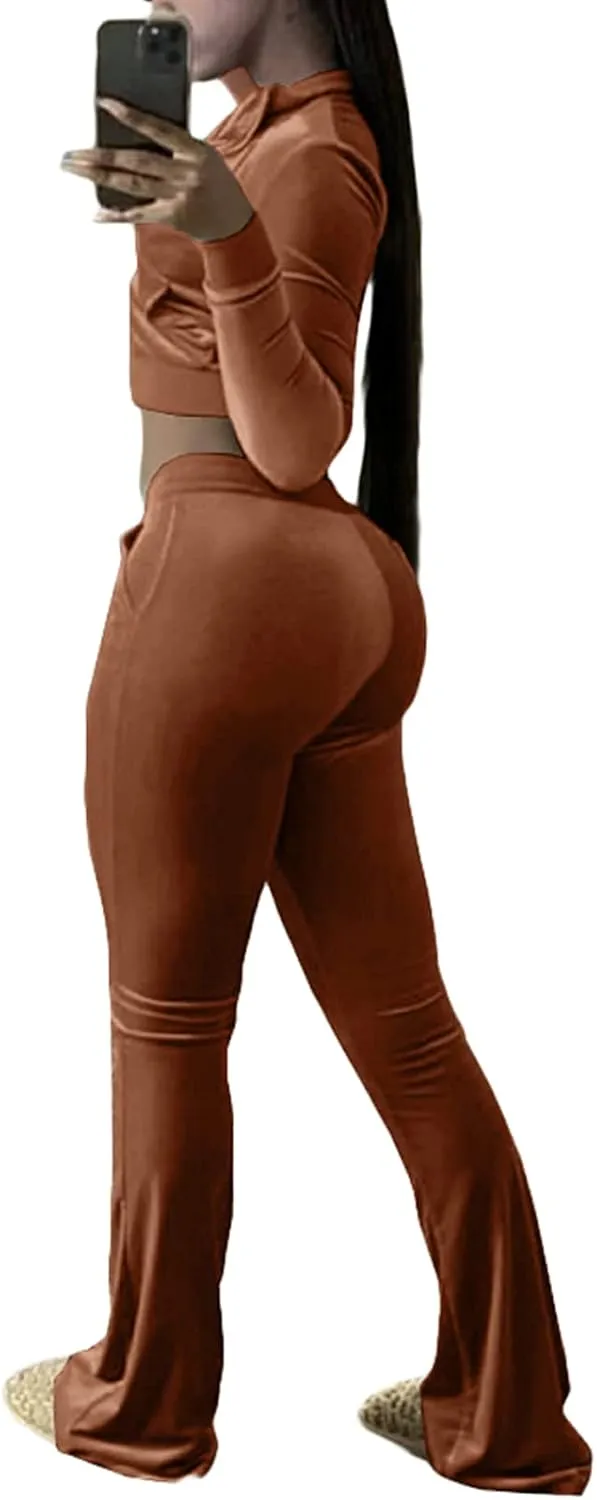 qfmqkpi Two Piece Outfits for Women Crop Top Zip Jacket and Flare Pants Set Velour Tracksuit