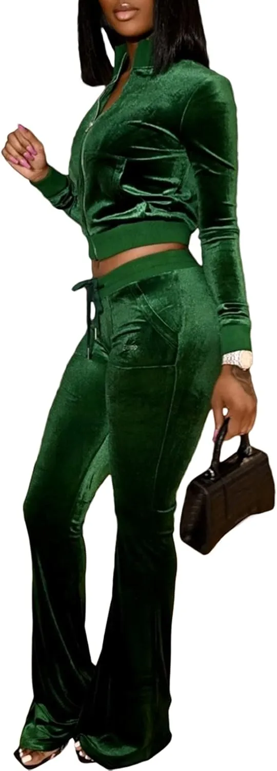 qfmqkpi Two Piece Outfits for Women Crop Top Zip Jacket and Flare Pants Set Velour Tracksuit