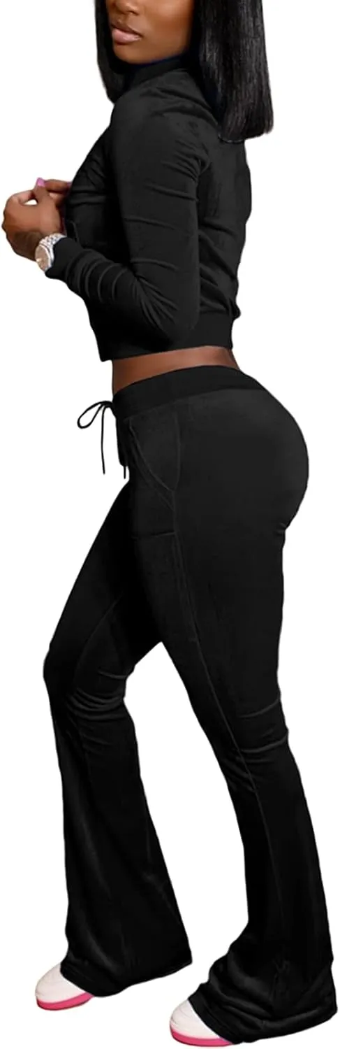 qfmqkpi Two Piece Outfits for Women Crop Top Zip Jacket and Flare Pants Set Velour Tracksuit
