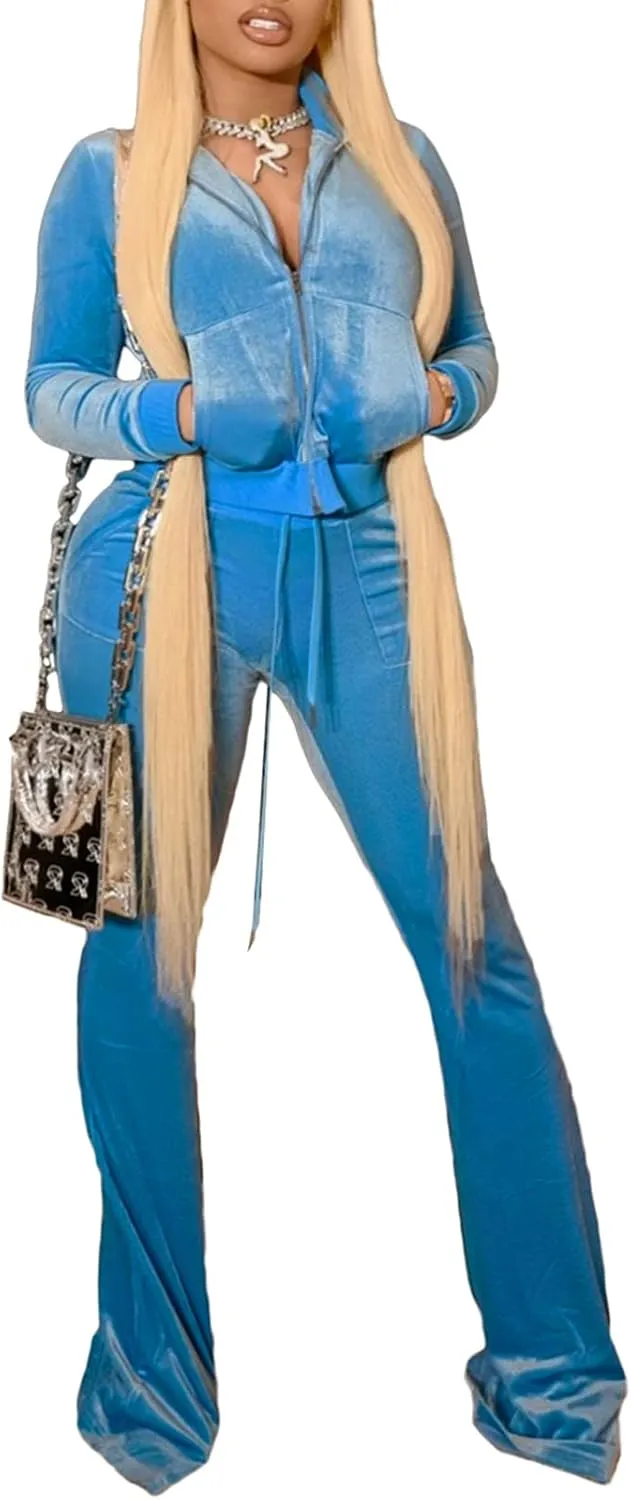 qfmqkpi Two Piece Outfits for Women Crop Top Zip Jacket and Flare Pants Set Velour Tracksuit