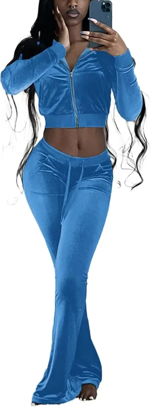 qfmqkpi Two Piece Outfits for Women Crop Top Zip Jacket and Flare Pants Set Velour Tracksuit