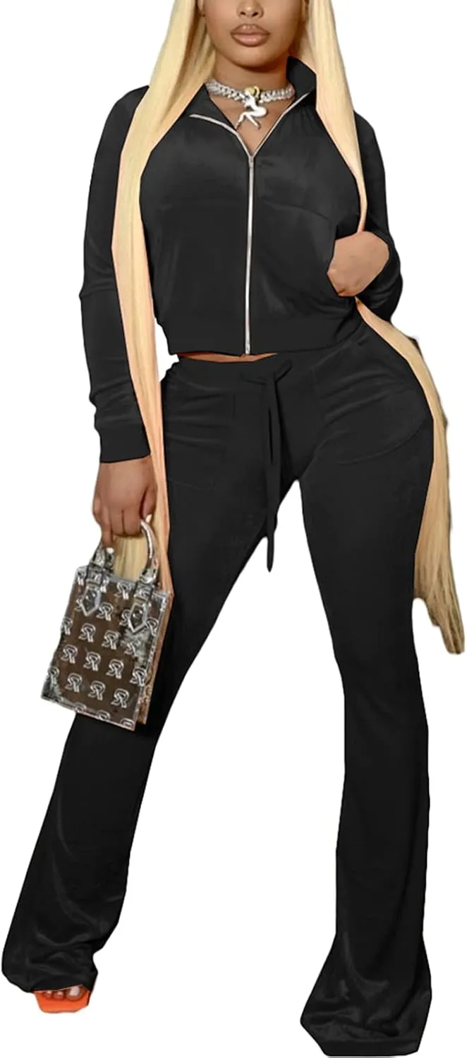 qfmqkpi Two Piece Outfits for Women Crop Top Zip Jacket and Flare Pants Set Velour Tracksuit