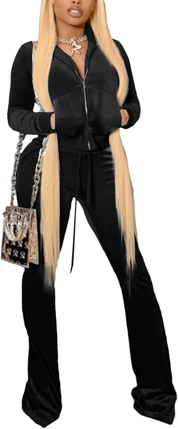 qfmqkpi Two Piece Outfits for Women Crop Top Zip Jacket and Flare Pants Set Velour Tracksuit