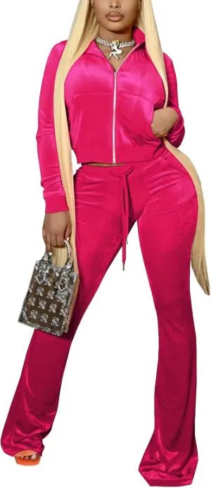 qfmqkpi Two Piece Outfits for Women Crop Top Zip Jacket and Flare Pants Set Velour Tracksuit