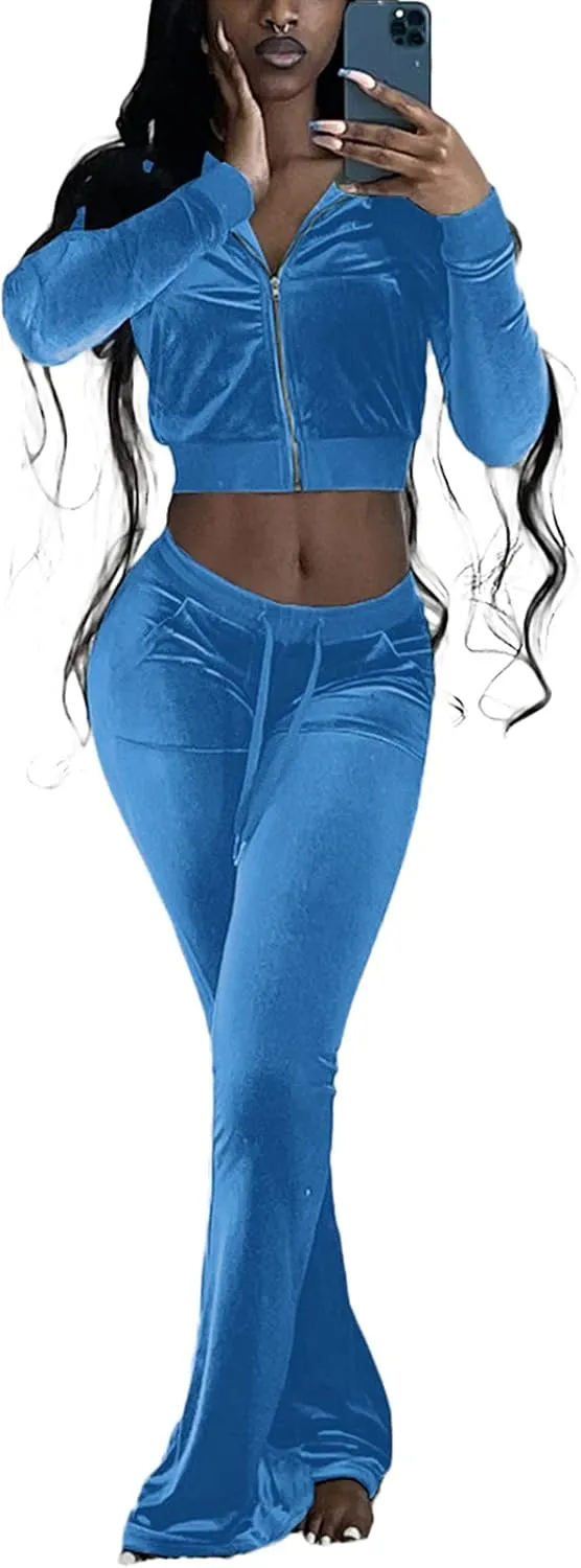 qfmqkpi Two Piece Outfits for Women Crop Top Zip Jacket and Flare Pants Set Velour Tracksuit