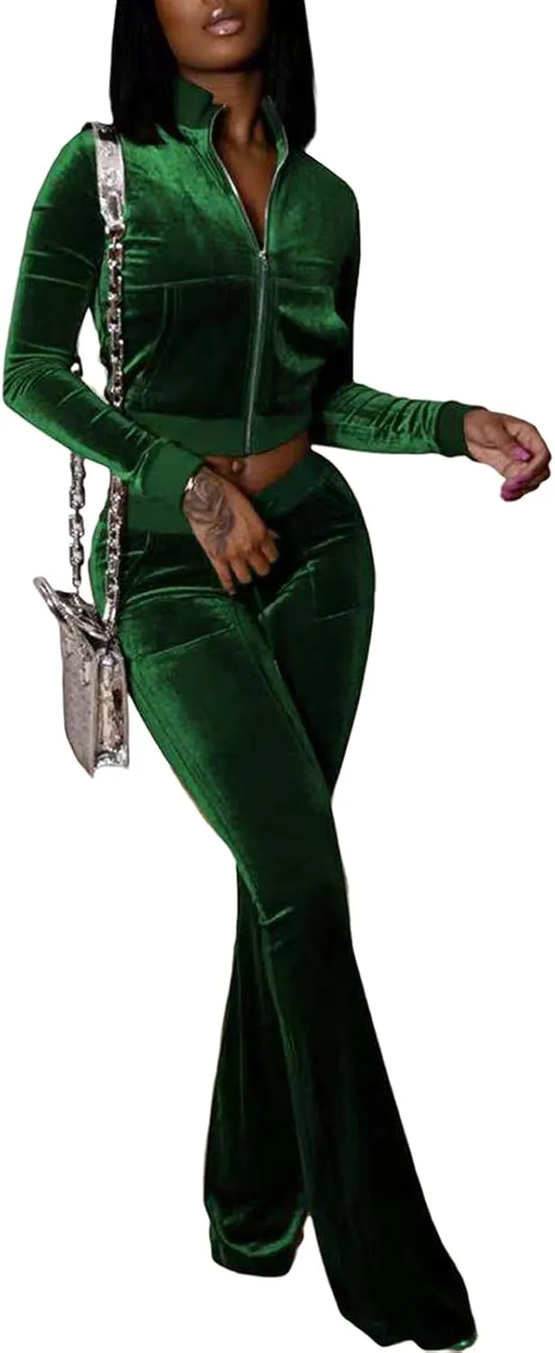qfmqkpi Two Piece Outfits for Women Crop Top Zip Jacket and Flare Pants Set Velour Tracksuit