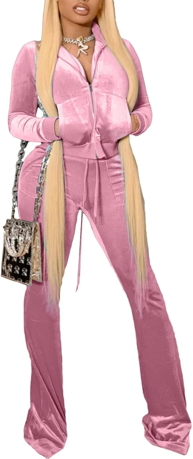 qfmqkpi Two Piece Outfits for Women Crop Top Zip Jacket and Flare Pants Set Velour Tracksuit