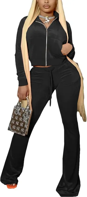 qfmqkpi Two Piece Outfits for Women Crop Top Zip Jacket and Flare Pants Set Velour Tracksuit