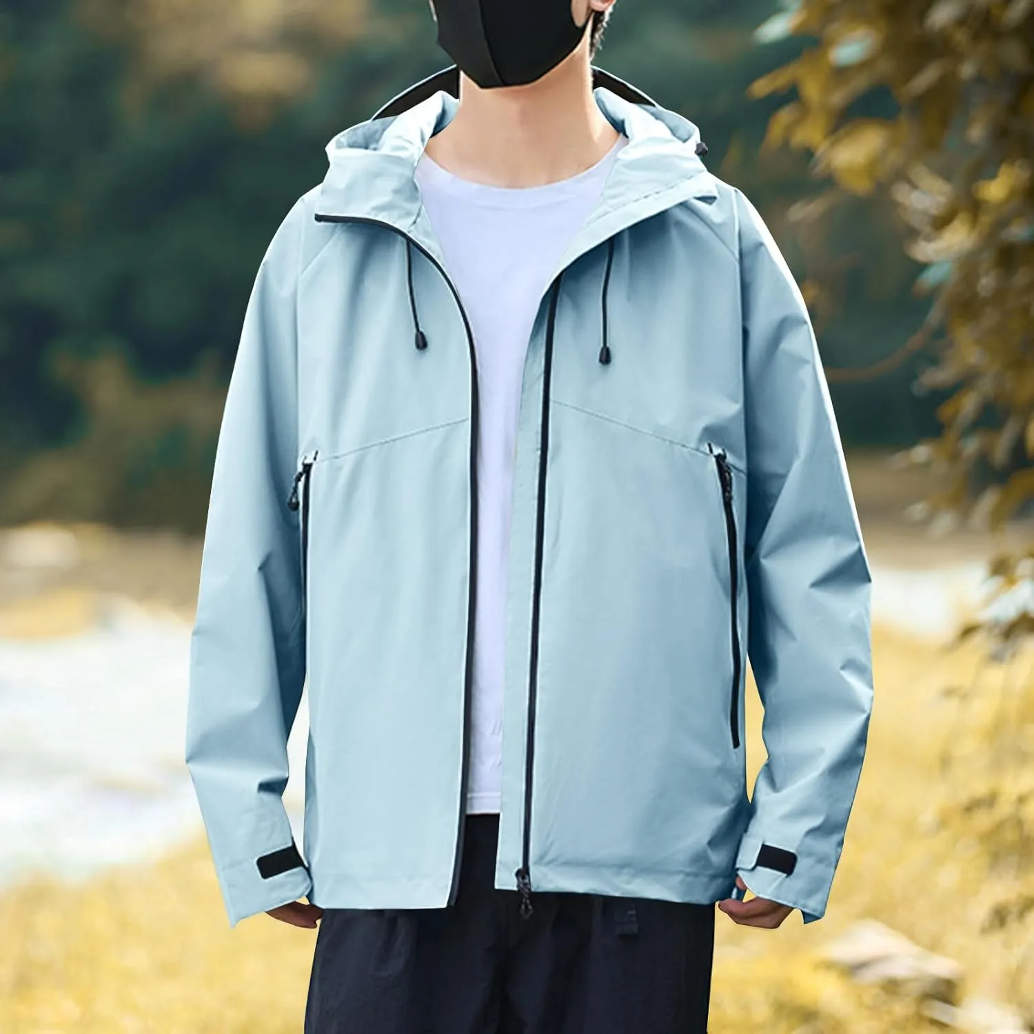 Rain Jacket Men Waterproof Lightweight Outdoor Hiking Expedition Raincoat Simple Style Soild Color Hooded Windbreaker