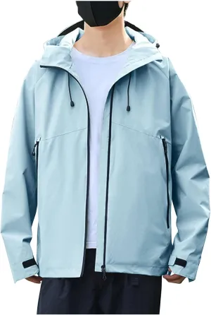 Rain Jacket Men Waterproof Lightweight Outdoor Hiking Expedition Raincoat Simple Style Soild Color Hooded Windbreaker