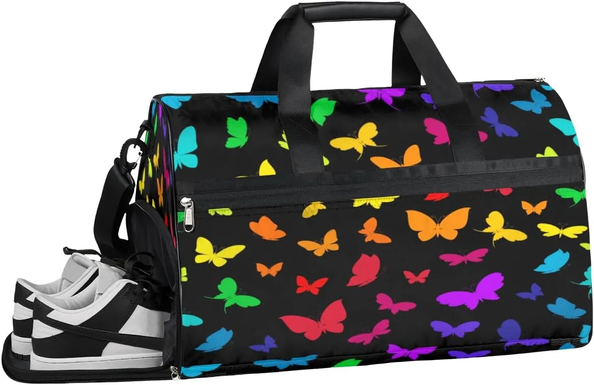 Rainbow Butterfly Sports Gym Bag with Wet Pocket & Shoes Compartment Waterproof Workout Duffel Bag for Women and Men Weekender Overnight Duffle Bag Travel Carry-on Tote