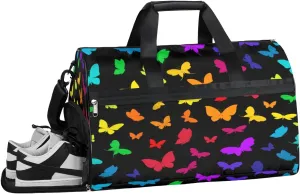 Rainbow Butterfly Sports Gym Bag with Wet Pocket & Shoes Compartment Waterproof Workout Duffel Bag for Women and Men Weekender Overnight Duffle Bag Travel Carry-on Tote