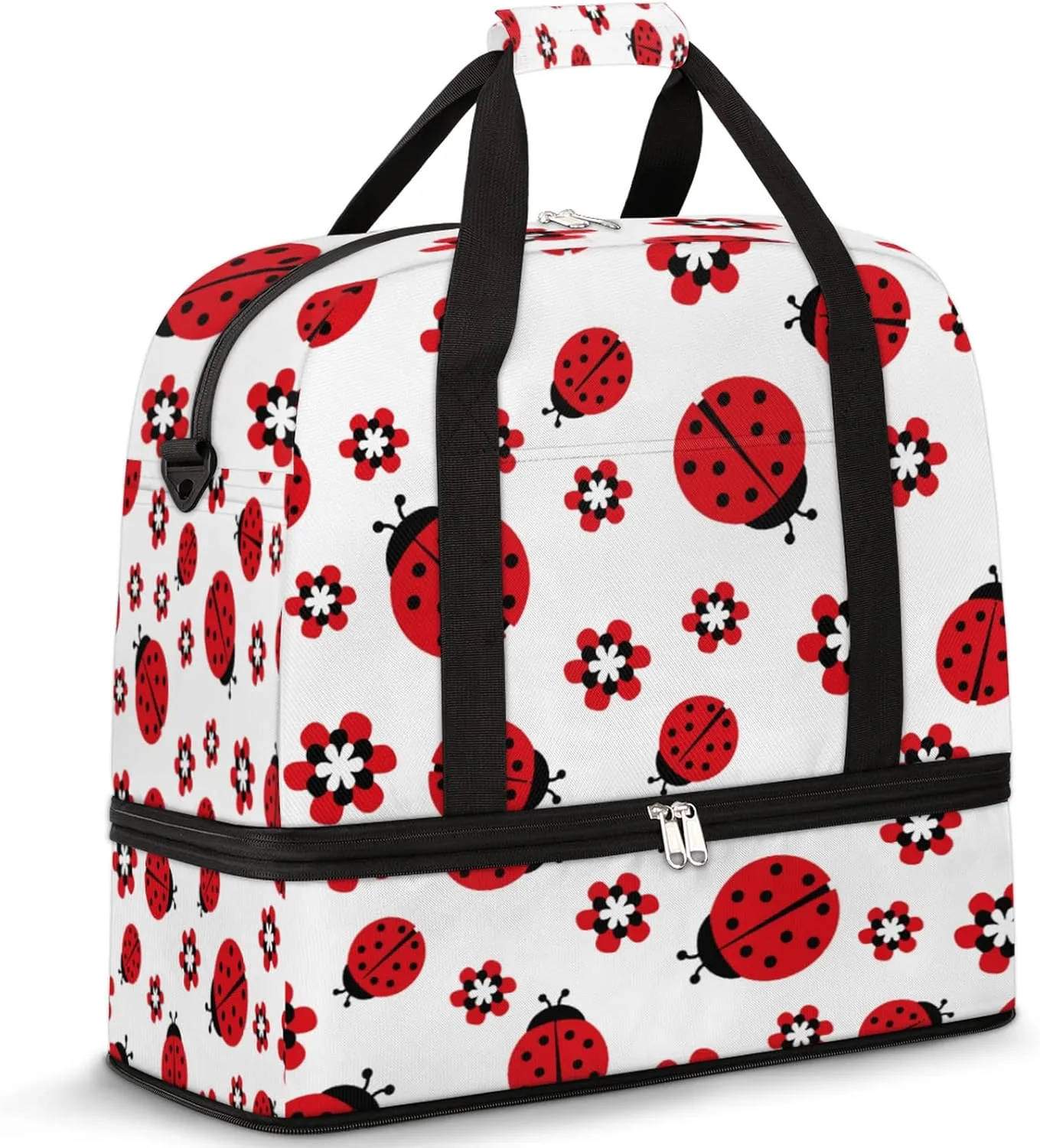 Red Ladybug Flower Floral Foldable Travel Duffel Bag Tote Carry On Luggage Sport Duffle for Women Men Gym Bag Overnight Weekender Bags with Shoe Compartments & Shoulder Strap