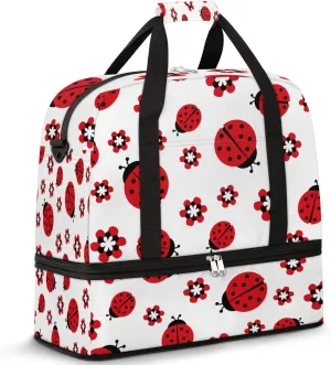 Red Ladybug Flower Floral Foldable Travel Duffel Bag Tote Carry On Luggage Sport Duffle for Women Men Gym Bag Overnight Weekender Bags with Shoe Compartments & Shoulder Strap