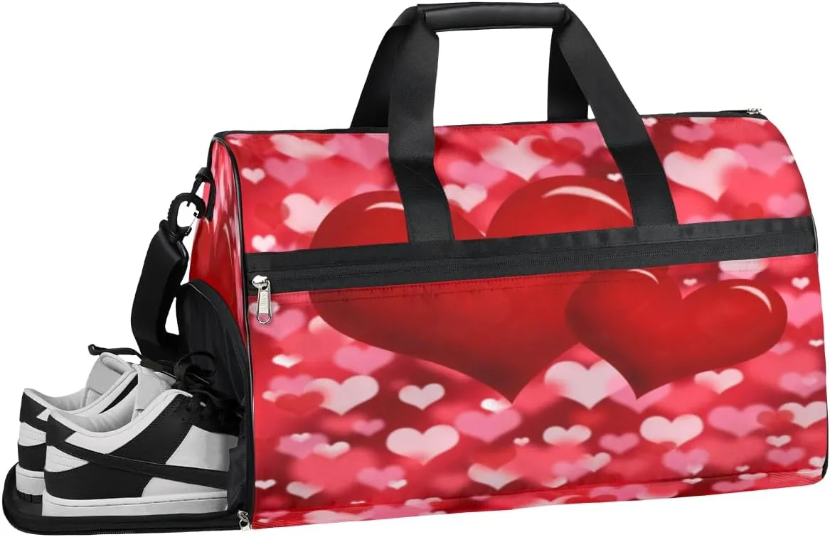 Red Love Hearts Sports Gym Bag with Wet Pocket & Shoes Compartment Waterproof Workout Duffel Bag for Women and Men Weekender Overnight Duffle Bag Travel Carry-on Tote