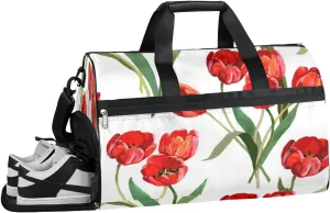 Red Tulip Leaves Sports Gym Bag with Wet Pocket & Shoes Compartment Waterproof Workout Duffel Bag for Women and Men Weekender Overnight Duffle Bag Travel Carry-on Tote