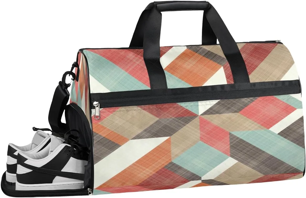 Retro Geometric Pattern Sports Gym Bag with Wet Pocket & Shoes Compartment Waterproof Workout Duffel Bag for Women and Men Weekender Overnight Duffle Bag Travel Carry-on Tote