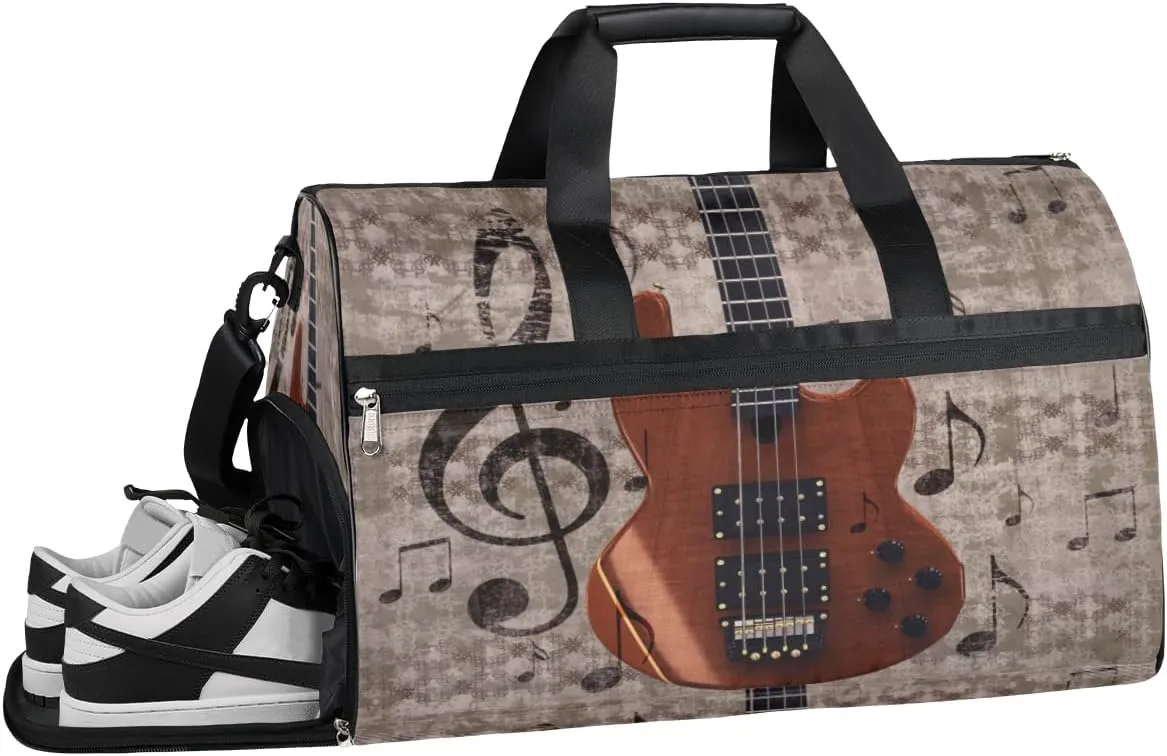 Retro Guitar Music Sports Gym Bag for Women and Men Travel Duffel Bag Overnight Shoulder Bag Waterproof Workout Bag Portable Sports Tote with Shoes Compartment