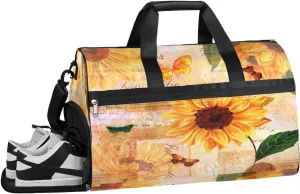 Retro Sunflowers Sports Gym Bag with Wet Pocket & Shoes Compartment Waterproof Workout Duffel Bag for Women and Men Weekender Overnight Duffle Bag Travel Carry-on Tote