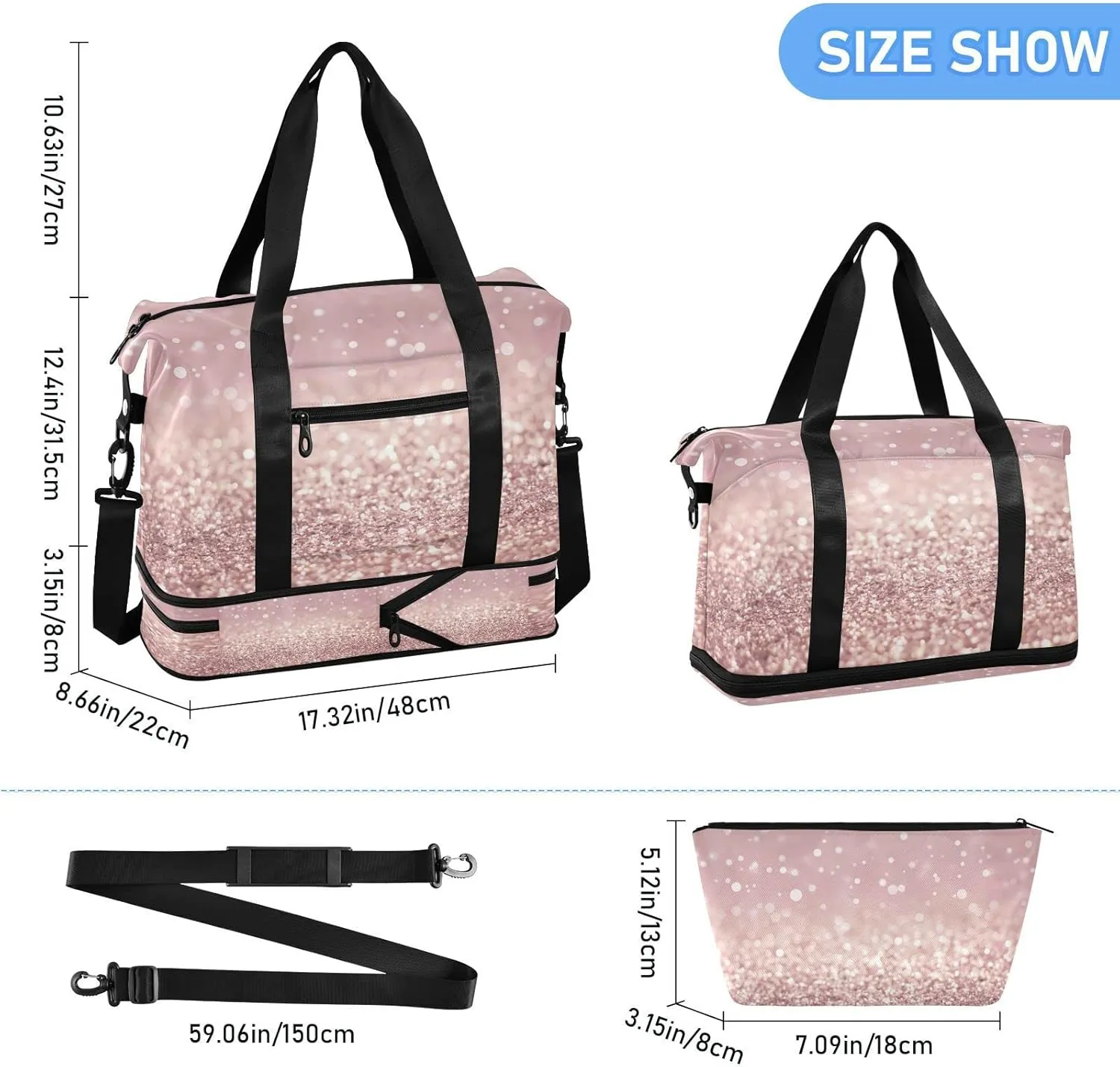 Rose Gold Glitter Texture Travel Duffel Bag, Waterproof Sports Tote Gym Bag with Shoes Compartment, Shoulder Weekender Overnight Bag for Women Men599 17.32 * 8.66 * 15.55in