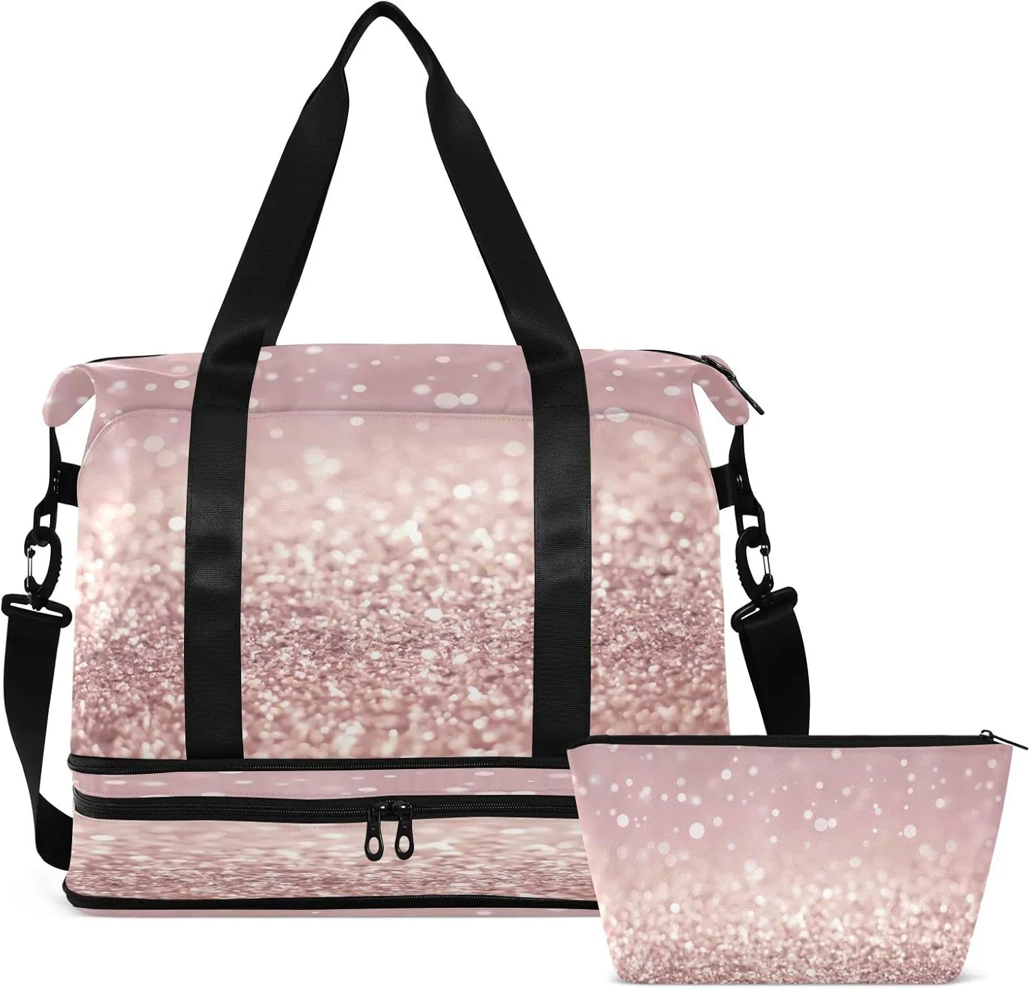 Rose Gold Glitter Texture Travel Duffel Bag, Waterproof Sports Tote Gym Bag with Shoes Compartment, Shoulder Weekender Overnight Bag for Women Men599 17.32 * 8.66 * 15.55in