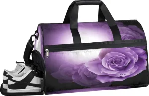 Rose Purple Flower Sports Gym Bag with Wet Pocket & Shoes Compartment Waterproof Workout Duffel Bag for Women and Men Weekender Overnight Duffle Bag Travel Carry-on Tote