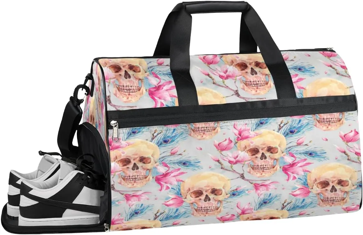 Skeleton Flower Theme Sports Gym Bag with Wet Pocket & Shoes Compartment Waterproof Workout Duffel Bag for Women and Men Weekender Overnight Duffle Bag Travel Carry-on Tote