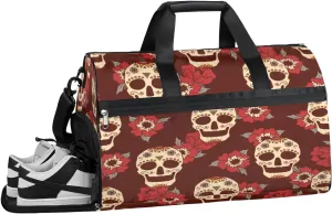 Skull Flower Theme Sports Gym Bag with Wet Pocket & Shoes Compartment Waterproof Workout Duffel Bag for Women and Men Weekender Overnight Duffle Bag Travel Carry-on Tote