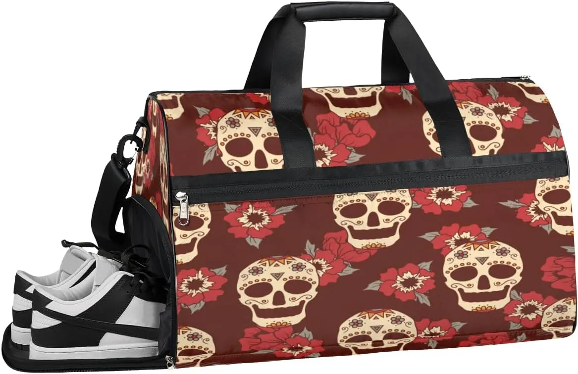 Skull Flower Theme Sports Gym Bag with Wet Pocket & Shoes Compartment Waterproof Workout Duffel Bag for Women and Men Weekender Overnight Duffle Bag Travel Carry-on Tote