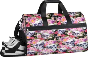 Skull Pattern Sports Gym Bag with Wet Pocket & Shoes Compartment Waterproof Workout Duffel Bag for Women and Men Weekender Overnight Duffle Bag Travel Carry-on Tote