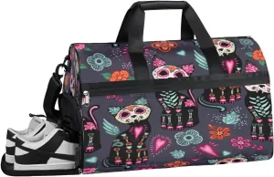 Skull Print Sports Gym Bag with Wet Pocket & Shoes Compartment Waterproof Workout Duffel Bag for Women and Men Weekender Overnight Duffle Bag Travel Carry-on Tote
