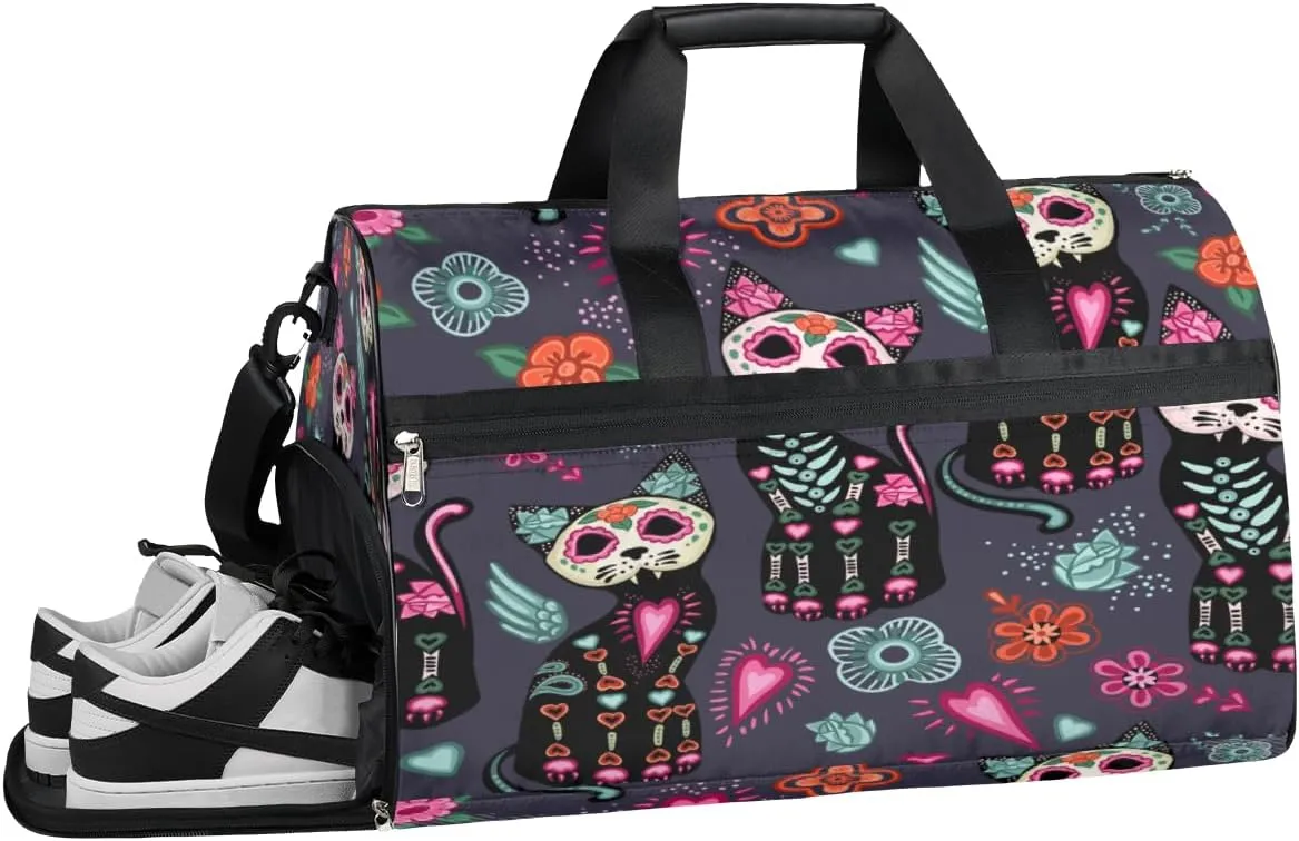 Skull Print Sports Gym Bag with Wet Pocket & Shoes Compartment Waterproof Workout Duffel Bag for Women and Men Weekender Overnight Duffle Bag Travel Carry-on Tote