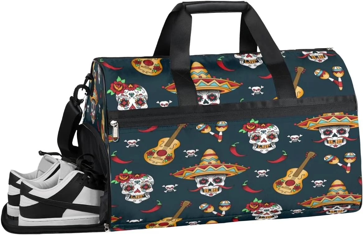 Skull Style Sports Gym Bag with Wet Pocket & Shoes Compartment Waterproof Workout Duffel Bag for Women and Men Weekender Overnight Duffle Bag Travel Carry-on Tote