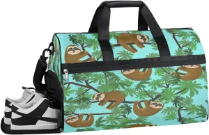 Sloth Cute Green Sports Gym Bag for Women and Men Travel Duffel Bag Overnight Shoulder Bag Waterproof Workout Bag Portable Sports Tote with Shoes Compartment