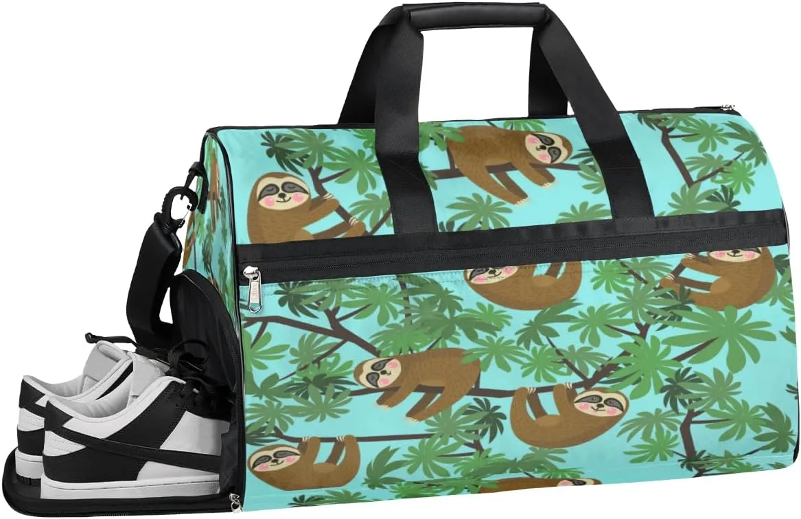 Sloth Cute Green Sports Gym Bag for Women and Men Travel Duffel Bag Overnight Shoulder Bag Waterproof Workout Bag Portable Sports Tote with Shoes Compartment