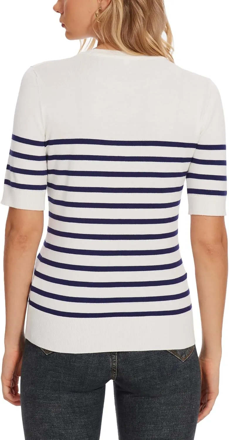 Spicy Sandia Women's Short Sleeve Sweater Casual Striped Knit Pullover Tops for Summer Lightweight