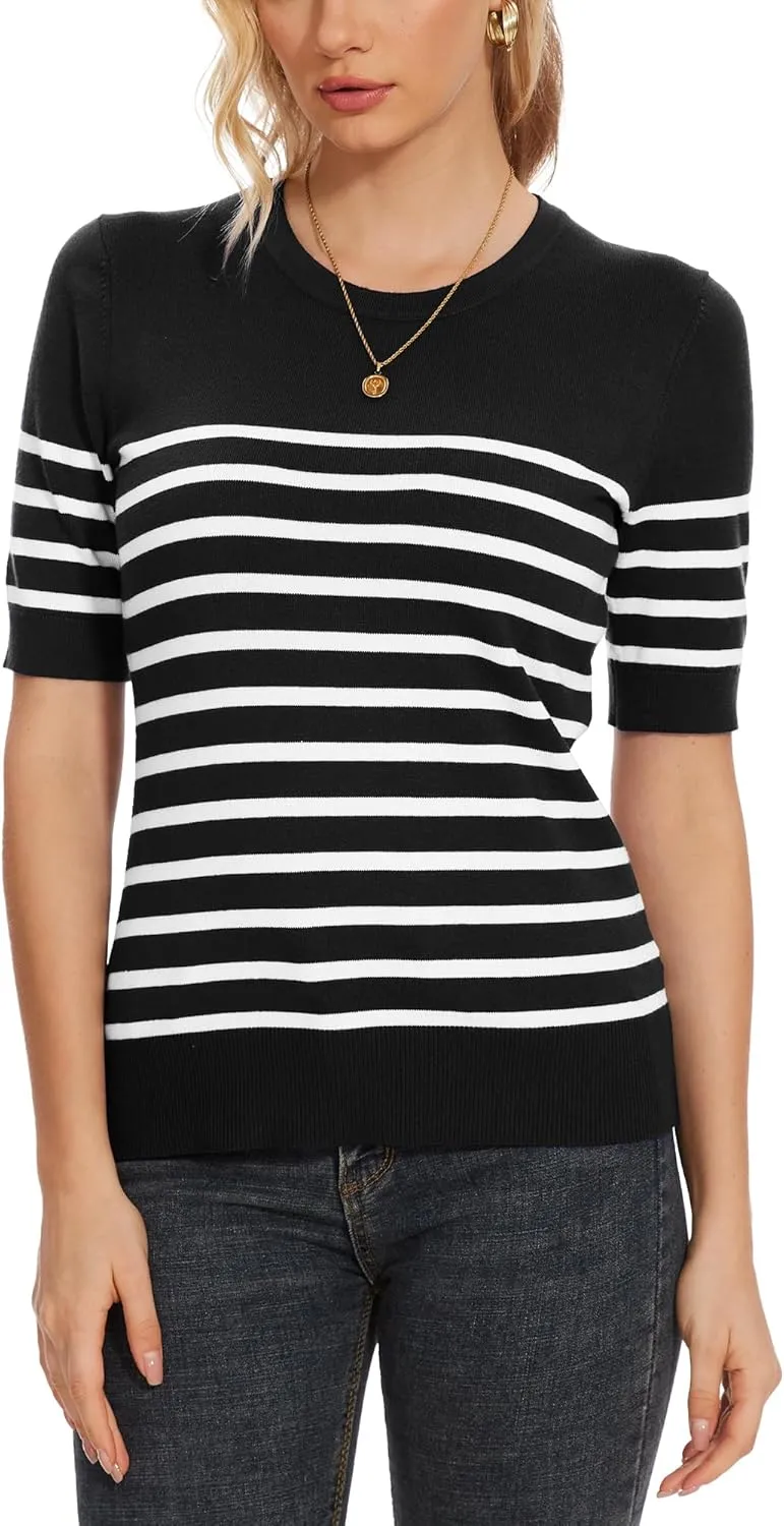Spicy Sandia Women's Short Sleeve Sweater Casual Striped Knit Pullover Tops for Summer Lightweight